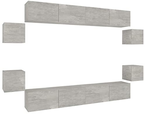 HFXHIJXQ 8-TLG TV-Schrank-Set Betongrau,Wandmontiertes Lowboard aus Holzwerkstoff, Modernes TV-Board Set für Wohnzimmer, Schwebende TV-Konsole Mediamöbel, 8-teilige Wohnwand