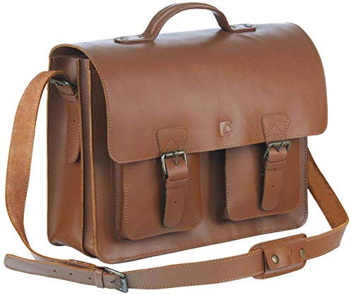 Schoolmaster classic in Cognac, stilvolle Lehrertasche & Aktentasche aus echtem Leder, viele Innenfächer, Umhängetasche für Damen & Herren, 40 x 32 x 18 cm, braun