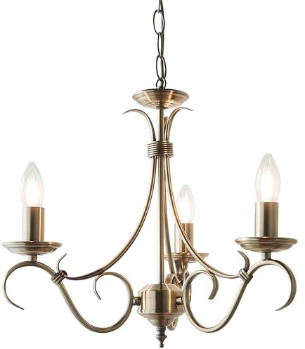 National Lighting Brandon Decorative 3 Way Scrolled Arms Antique Brass Branch Arm E14 LED Compatible Pendant Ceiling Light