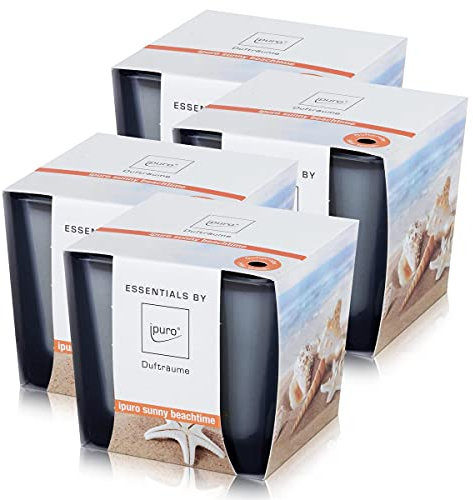 Essentials by ipuro sunny beachtime Duftkerze 125g - Sommer, Sonne, Meer – Ein wundervoll entspannter Tag am Strand (4er Pack)