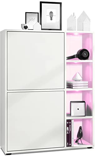 Vladon Highboard Schrank Anrichte Cuba mit 8 Fächern, Made in Germany, Korpus in Weiß matt/Fronten in Weiß matt, mit RGB LED Beleuchtung