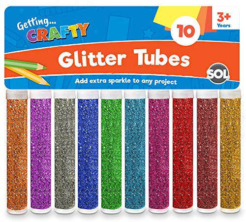 SOL 10pk Kids Glitter Tubes in 10 Assorted Vibrant Colours - Fine Glitter for Arts and Crafts, Slime, Card Making, Nail Art, and Decorations - Easy-Pour Shaker Pots for Kids and Adults