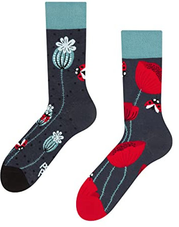 Dedoles Socken Unisex Damen Herren & Kinder Baumwolle viele lustige Designs 1 Paar Geschenk links rechts verschieden, Farbe Rot, Motiv Marienkäfer und Mohnblumen, Gr. 35-38