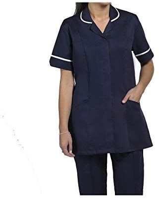 Skywear T66 Ladies Tunic Tops - Women's Healthcare & Beauty Tunics for Women UK | Work Uniforms for Office, Salon, Nurse & Spa - Multicolor Short Sleeve Tops, Navy with White, 16