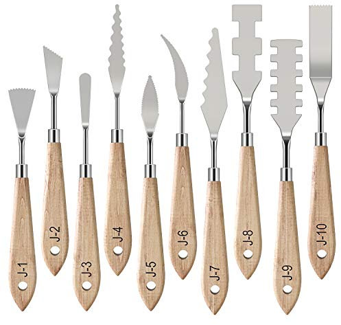 MoKo 10 PZS Espátula de Acero Inoxidable, Conjunto de Cuchillos Pintados con Mango de Madera, Juego Profesional Cuchillos de Paletas Ideal para Pintura al Óleo, Acrílico, Acuarela, Color Madera