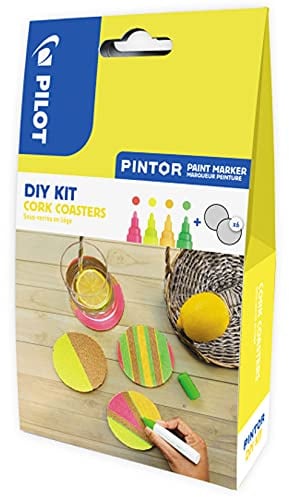 PILOT PINTOR DIY Korkuntersetzer zur Tischdekoration – Bastel-Set mit 4x Kreativmarker und 6 individuell gestaltbaren Untersetzern, sommerliche Neonfarben