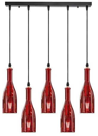 LEDSone Retro 5 Lights Wine Bottle Pendant Chandelier, Industrial Hanging Fixture with Red Color Glass Shades, E27 Ceiling Light for Restaurant, Café, Dining Room