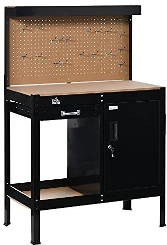 HOMCOM Werkbank Arbeitsplatte mit Lochplatte Schublade offenes Regal Schrank mit 2 Schlüsseln und seitlicher Aufbewahrungsbox, Heimwerker Werkzeug Garage MDF und Metall 98,5 x 48 x 140 cm schwarz