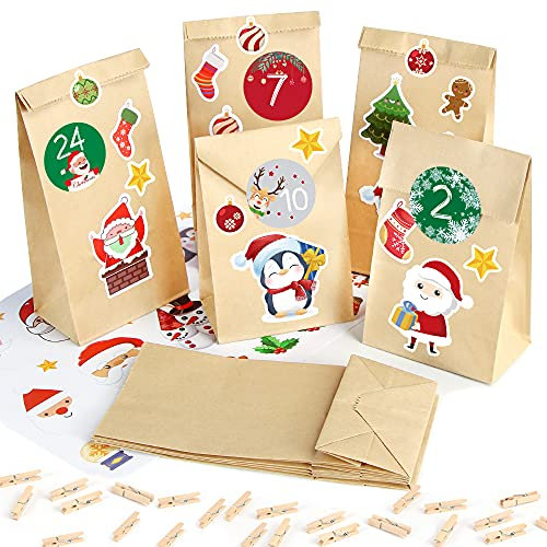 Adventskalender zum Befüllen Papiertüten, 25 Weihnachtskalender Kraftpapiertüten mit Zahlen Aufkleber, DIY Adventskalender Tüten Weihnachten, Adventskalender Selber Basteln