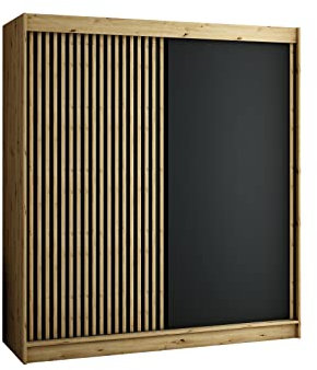 MEBLE KRYSPOL Schwebetürenschrank LAMELO mit Zierstreifen, Kleiderschrank mit 2 Kleiderstange, Modern Design (200 cm)
