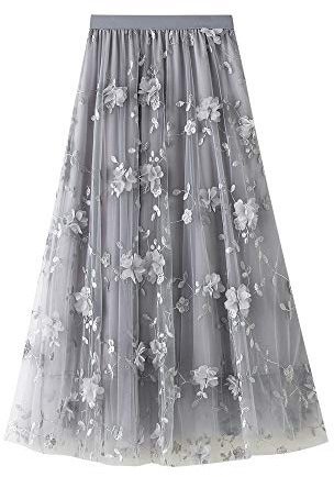 YILEEGOO Women's Tulle Skirt High Waist Tiered Layered Mesh Ballet Prom Party Tulle Tutu A-line Midi Skirt (Grey Embroidery Floral, One Size)