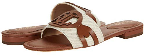 Lauren Ralph Lauren Damen Alegra Sandale, Natur/Deep Saddle Tan zweifarbiges Canvas/brüniertes Kalbsleder, 35.5 EU
