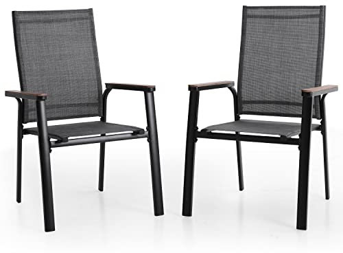 MFSTUDIO 2 PCS Aluminium Patio Dining Chairs Set,Textilene Outdoor Stackable Chairs with Wooden Armest for Garden, Poolside, Backyard,Grey