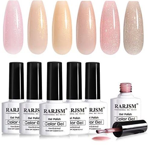 RARJSM Nude Gel Polish Set Pale Pink Milky Jelly Peach Pink Apricot Beige Champagne Brown Shimmer Holographic Glitter Iridescent Gel Nail Polish 7.5ml 6 Pcs Translucent Natural Soak off UV LED Cured