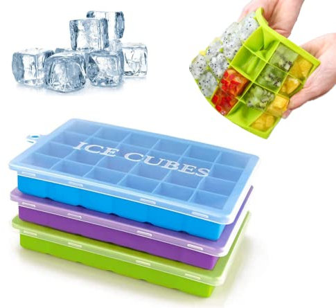 FANXIYA 3 Recipientes para Cubitos de Hielo con Tapa - Molde de Silicona para 24 Cubitos - Libre de BPA - Certificado por LFGB