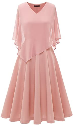 DRESSTELLS Robe de Cocktail Femme avec Cape en Mousseline Superposition Col en V, Robe de Soirée Chic et Élégante pour Fête, Bal, Robe d'invitée de Mariage et Occasions Rose Poussiéreuse 2XL