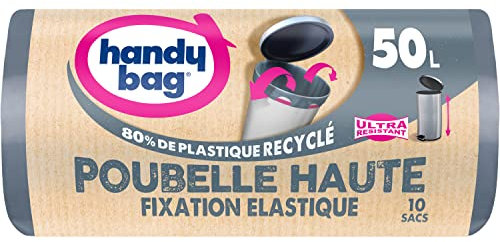 Handy Bag – Bolsas de basura de alta fijación elástica 50 x 10 bolsas – Mantiene la bolsa en su lugar – Ultra resistente – Película de triple grosor – Máxima estanqueidad – 100% plástico reciclado