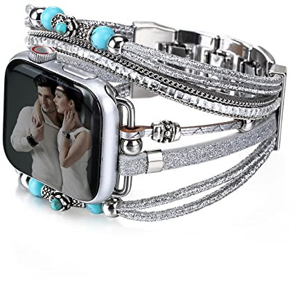 CHARMINGO Correas de cuero bohemias compatibles con Apple Watch Band para mujeres y hombres, 42mm/44mm/45mm/49mm, correa multicapa para iWatch Band Series 8, 7, 6, 5, 4, 3, 2, 1,SE Ultra, Plateado-02