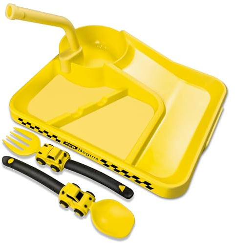 Deinyi Construction Toddler Plates - Early Christmas Gift Ideas for Grandkids - Toddler Birthday Gift - Kids Plates for Boys Ages 1-2-3-4-5-6-7 - Yellow