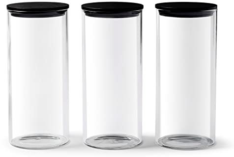 Franklin Lade Glass Storage Jars | 3 Piece Set 1300ml | Airtight Black Bamboo Lids | Glass Jars with lids | Kitchen Storage Containers | Pantry Storage Containers | Storage Jars for Kitchen