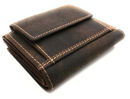 Lemasi Geldbörse aus Hunterleder – Handgefertigt, Vintage-Look, kompakt (100 x 70 x 25 mm), mit RFID-Schutz, Münzfach & Einkaufswagenchip – Slim Wallet für Herren & Damen
