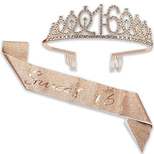 Sweet 16 Tiara und Schärpe für Mädchen, Geburtstag Strass Krone 16 & dekorative Satin-Schärpe, süße 16 Jahre Geburtstagsgeschenke für Mädchen Happy 16th Birthday Party Favor Supplies