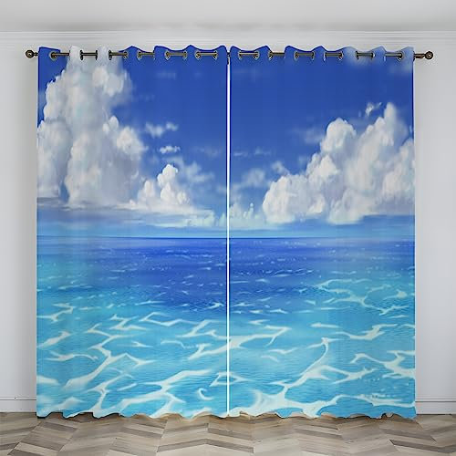 SJSXWQN Gardinen Blaues Meer Vorhänge mit Ösen Vorhang Blickdicht Thermo Verdunklungsvorhänge Schiebegardinen für Schlafzimmer Wohnzimmer H 138 x B 117 cm 2er Set