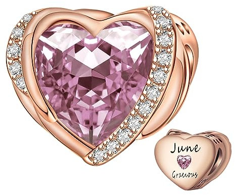NINGAN Roségold Juni Birthstone Charms für Frauen Charms Armband, Engel Flügel 925 Sterling Silber Liebe Herz Bead Anhänger Graviert Ehrgeizig, Geburtstag für Mädche