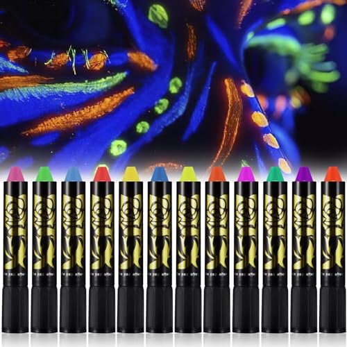 XiangSKY 12pc Neon Face Paints - Glow in Dark Face Paint Crayons Kit for Parties, Discos, Halloween