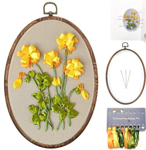 FONNUY Band Stickerei 3D Blumen Muster Design Kit Stickerei DIY Handarbeit Set Oval Heimdekoration (Gelbe Begonie)