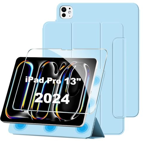 FDHYFGDY Funda para iPad Pro 13 Pulgadas 2024 Funda Protectora Magnética + 1 Protector de Pantalla Cristal Templado, Funda con Fijación Magnética y Soporte Inteligente, Ligera y Delgada, Azul