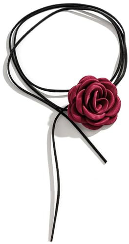 AORHOFJ Collana Girocollo Fiore, Collana Fiore Boho Collana Regolabile Rosa in Tessuto per Donne Ragazze Sposa Matrimonio Festa Compleanno,Girocollo Donna,Collana Rossa,collane Fiori,Collana con Rosa