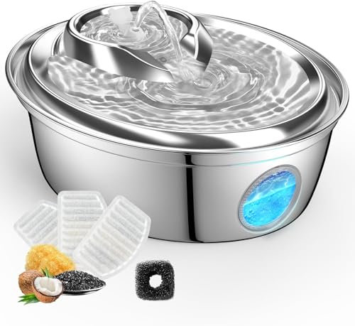 GoldenSun Katzenbrunnen, Rostfreie Stähle Automatischer Wasserbrunnen für Katzen, 67oz/2L Katzen Trinkbrunnen – 4 Aktivkohlefilter, Geeignet für alle Rassengrößen (D36)