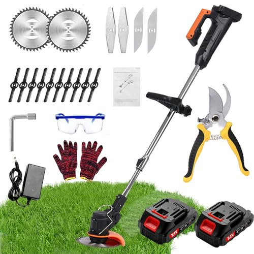 Gonpmny Cordless Garden Strimmer - Electric Grass Trimmer with 2 * 2000 mAh Batteries, 3 Types Blades, Fast Charging/Lightweight/Retractable/90° Head Adjustment