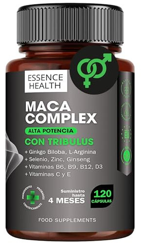Premium Maca Andina Complex | Alta Potencia | 120 Cápsulas | Tribulus, Ginseng, Ginkgo, L-Arginina, Zinc, Selenio | Vitaminas C, D3, B6, B9, B12, E | Vitalidad, Energía y Bienestar | Hombre y Mujer