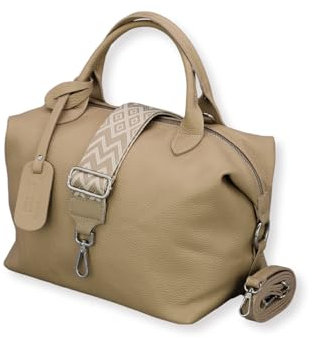 ADEL Handtasche Damen Echtleder BIANCA Handgemachte Umhängetasche Crossbody Bag mit Ledergurt + Breitem Gemustertem Riemen 3 Fächer Stylische Schultertasche Made in Italy (Taupe)