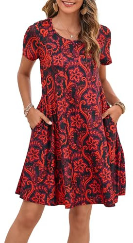 Enmain T-Shirt Dress for Women Summer Short Sleeve Tunic Dress with Pockets Boho Knee Length Ladies Casual, RedBlack, L