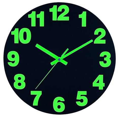 Plumeet Kleine Nachtlicht-Wanduhr, 25cm Leuchtet im Dunkeln, Holzuhr für Schlafzimmer, lautlos beleuchtete Wanduhr, leuchtende Ziffern und Zeiger, batteriebetrieben für Wohnzimmer/Küche, Schwarz