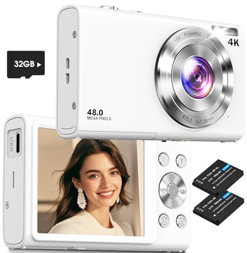 Digital Camera,Lecnippy 4K Autofocus Vlogging Camera with 32G Memory Card 16X Digital Zoom,48MP Cameras for Photography with 2.8 inch Screen for Beginners(White)
