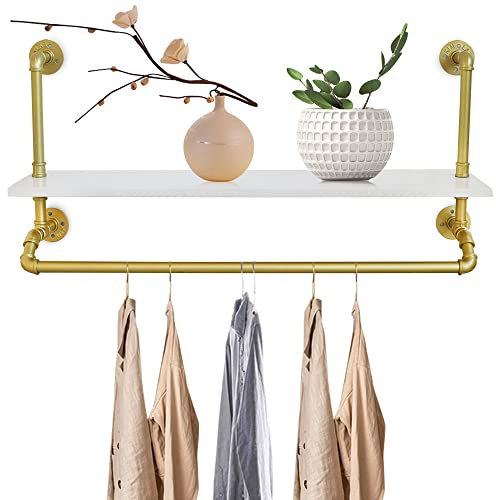 DHQCQL Kleiderstange Wandmontage, Offener Kleiderschrank mit Kleiderstange, Industrierohr Hängegarderobe Gaderobenstange für Wohnzimmer Kleidung Lagerung, 100x25x50 cm, Gold