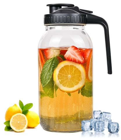 Pichet Mason en verre de 1,8 l avec couvercle hermétique et poignée – Large ouverture, anti-fuite, idéal pour le thé au soleil, l'infusion froide, la limonade, le café glacé, le lait et l'eau (noir)