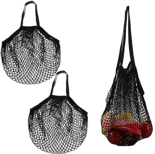 Zephyra 2 PCS Einkaufstasche Netz Wiederverwendbar, Mesh Baumwolle Einkaufen, Baumwolle Einkaufsnetz Bags, Einkaufsnetzbeutel mit langem Griff für die Aufbewahrung von Obst und Gemüse, Schwarz