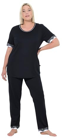 Ulla Popken Damen große Größen Übergrößen Plus Size Pyjama, Spitzenkanten, Rundhals, Halbarm schwarz 54+ 819494100-54+