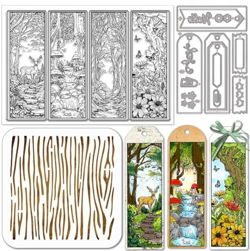 GLOBLELAND Magic Forest Lesezeichen Stempel Schneideformen PET Malvorlagen für Kartenherstellung Blumen Etiketten Silikonstempel Hintergrund Stanzformen Malvorlagen für DIY Scrapbooking