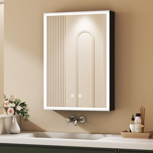 HY-RWML Spiegelschrank,Badezimmerschrank mit LED Beleuchtung 50 x 70 x 12,5 cm Badezimmer Spiegelschrank mit Verstellbaren Ablagen und Berührung Sensorschalter,3 Farbtemperatur Dimmbare,Beschlagfrei