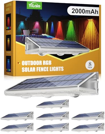 YiLaie Luci solari per recinzioni esterne, aggiornate 2000 mAh, 7 colori e 8 modalità di illuminazione, impermeabile IP67, luci RGB per recinzione per cortile, parete, gradino, patio, ringhiera