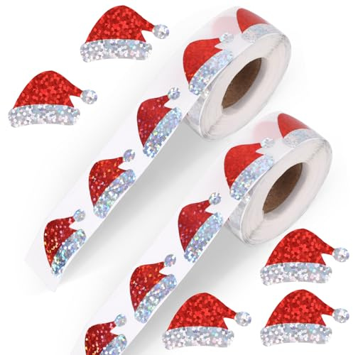 1000pcs Santa Hat Stickers, Glitter Christmas Hat Stickers Roll Self-Adhesive for Crafts Xmas Envelopes Cards Gifts Party Decorations Holiday Supplies
