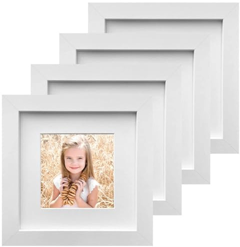 Dulynva 4er Set Bilderrahmen 15x15cm Weiß Quadratisch Holzrahmen Fotorahmen Holz Bilder Rahmen mit Passepartout Holzbilderrahmen Picture Frame Wandmontage Fotogalerie Display