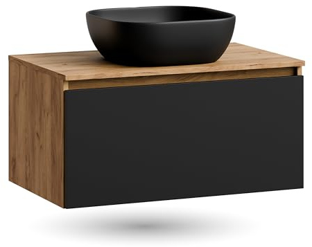 Planetmöbel Arisa Waschtisch mit Unterschrank 80 cm Gold Eiche | schwarz, Waschbecken 42 cm schwarz, Raumsparsiphon
