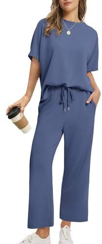 Desol Zweiteiler Damen Sommer Outfits, Trainingsanzug Sets Kurzarm Oberteil & Jogginghosen, Weites Bein Caprihosen für Freizeit & Hausgebrauch & Reisen